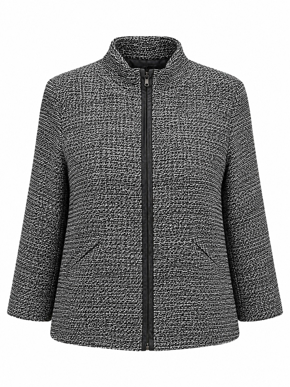 EILEEN FISHER | Linen Cotton Blend Zip Mock Neck Jacket Black White Pockets | M